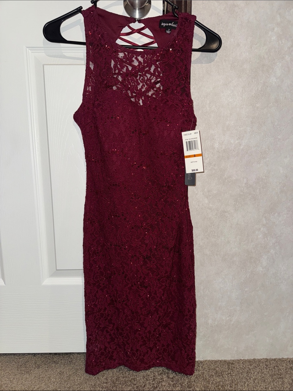 Sequin Hearts Burgundy Lace Midi Dress with Crisscross Back